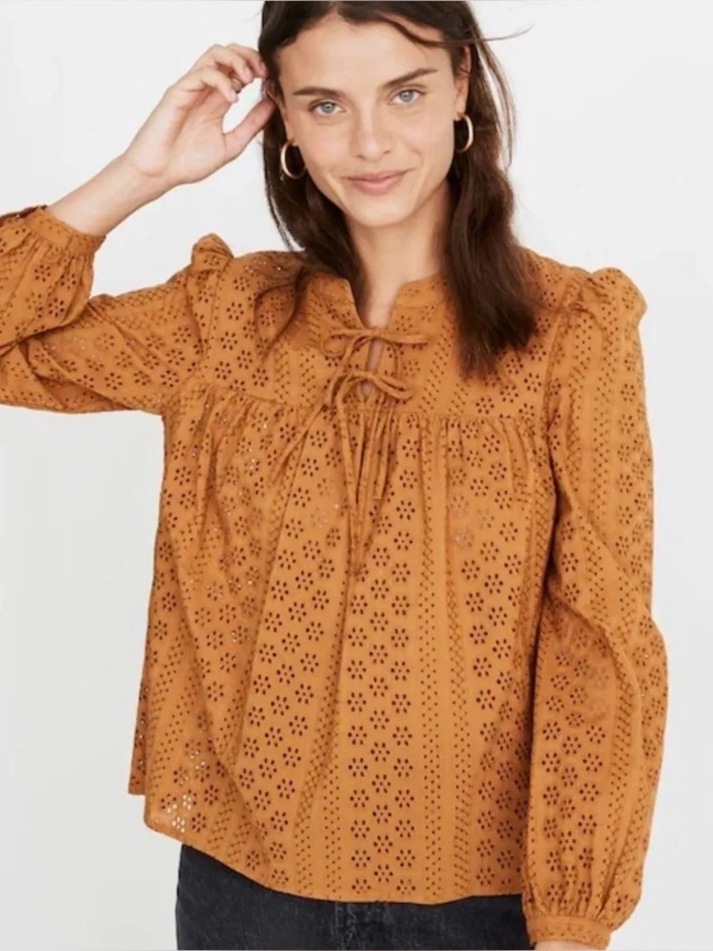 NWT Madewell Eyelet Double-Tie Blouse Carrot Cake Size S